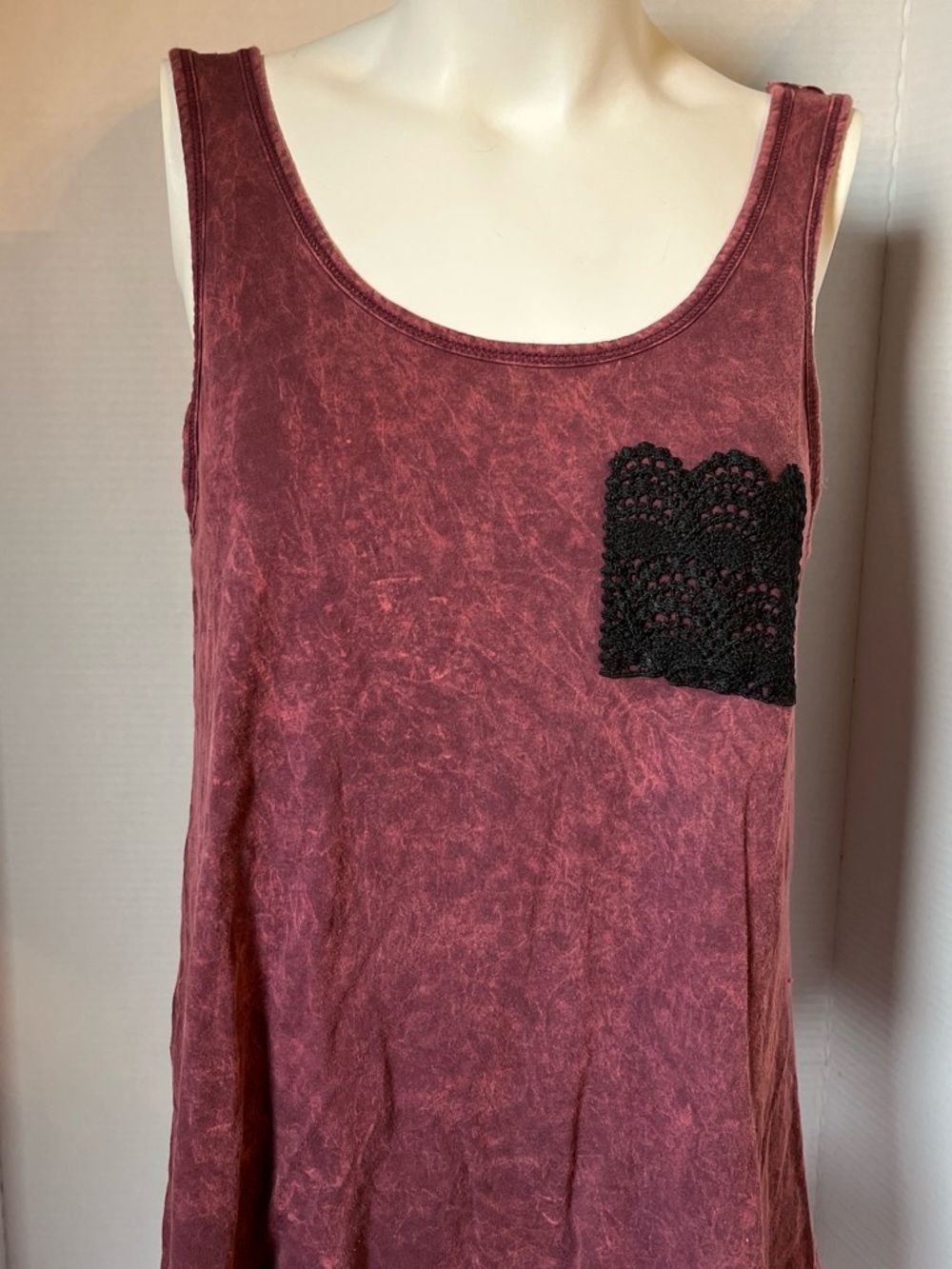 L.O.L. Vintage Burgundy Mineral-Wash Tank with Black Crochet Pocket